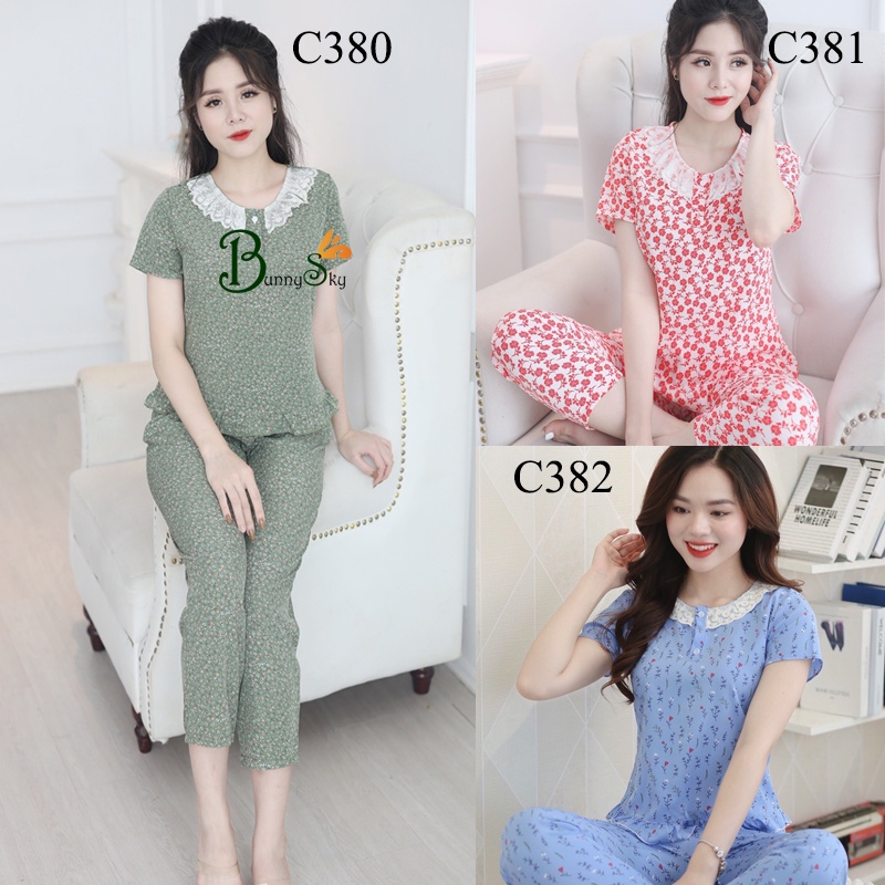 [Bunnysky] Đồ bộ mặc nhà, quần áo nữ mẫu tay cộc quần dài chất liệu lụa hàn họa tiết hoa lá