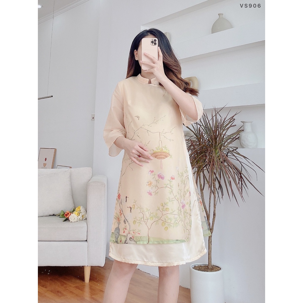 MEDYLA - Váy bầu thiết kế cách tân 2 lớp tơ lót lụa cao cấp cho mẹ bầu diện tết - VS906