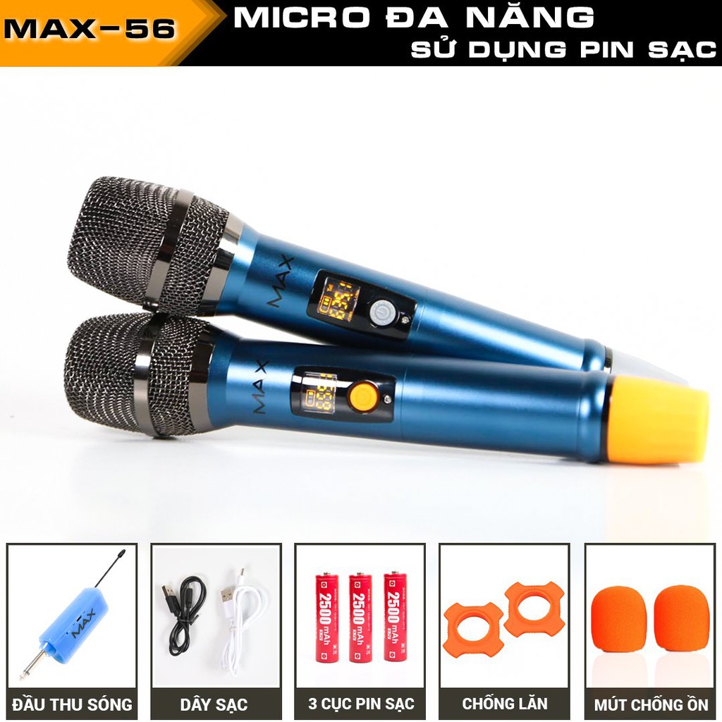 Micro không dây đa năng karaoke Max 56 Nâng cấp từ Max 39 Hút âm tốt chốg hú hiệu quả Sạc pin ngay trên mic Led màn hình