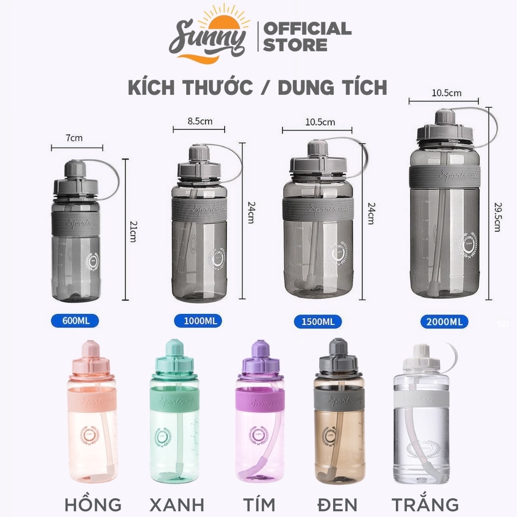 Bình nước thể thao tặng Sticker có ống hút, dây đeo, chia vạch nhắc nhở ( Dung tích 600ml / 1L / 1,5L / 2L) BN6