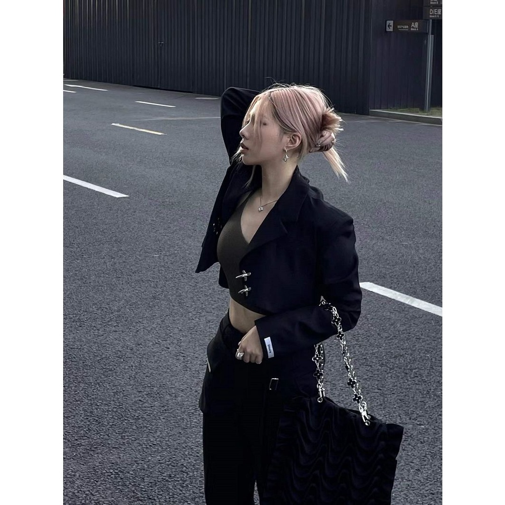 Hot!F &amp; X Bán Chạy Áo Khoác Vest Ngắn Vai Có Nút Cài Kim Loại Thiết Kế Kiểu Bất Đối Xứng Thời Trang 2022 Dễ Phối Đồ Cho Nữ