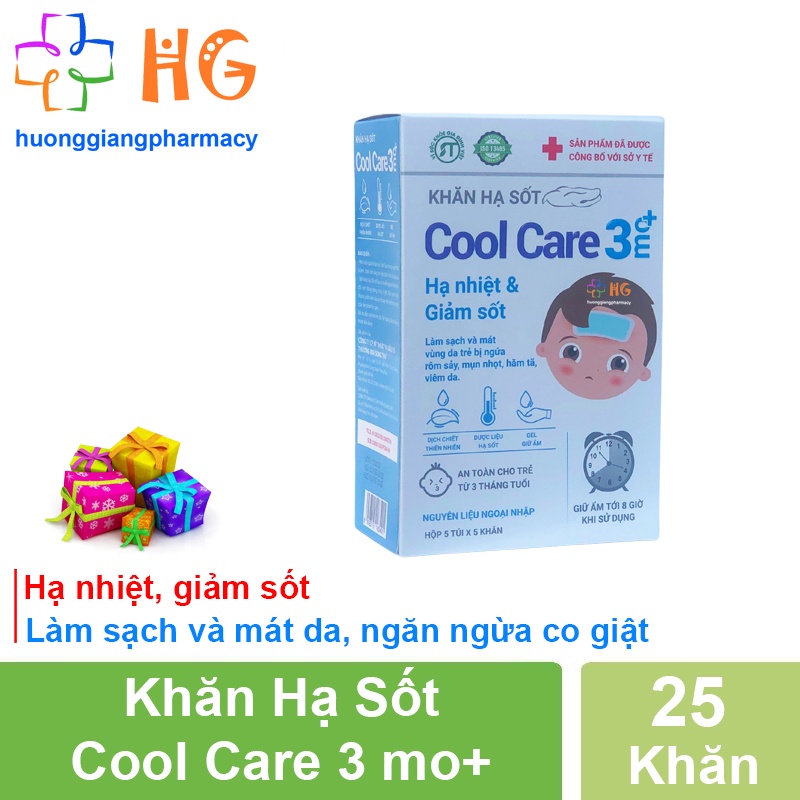 Khắn hạ sốt Cool Care 3 O+ giúp hạ nhiệt và giảm sốt làm sạch và làm mát vùng da trẻ bị ngứa và rôm sẩy Hộp 25 khăn