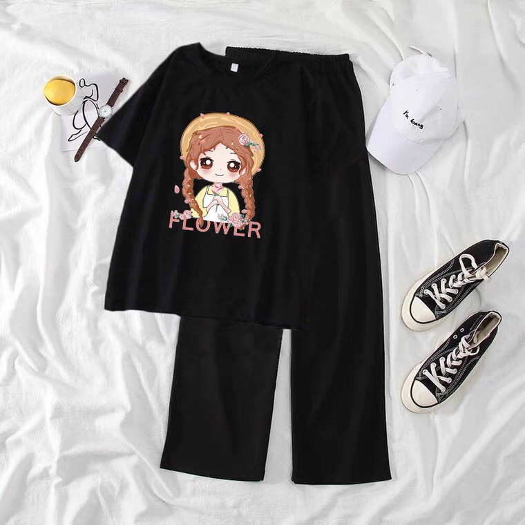 Sét Áo Flower + quần suông trơn, Áo thun from rộng, Chất đẹp không xù, quần suông ống rộng, Sét bộ mặc ở nhà - MODY