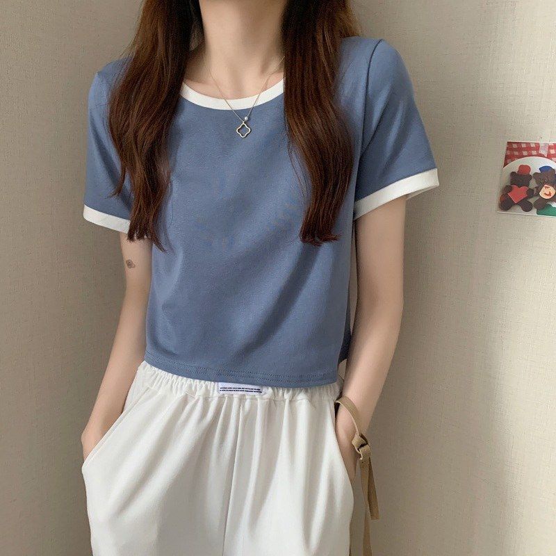 Áo thun nữ SUXI dáng croptop tay ngắn cổ tròn phối màu đơn giản thời trang mùa hè Hàn Quốc