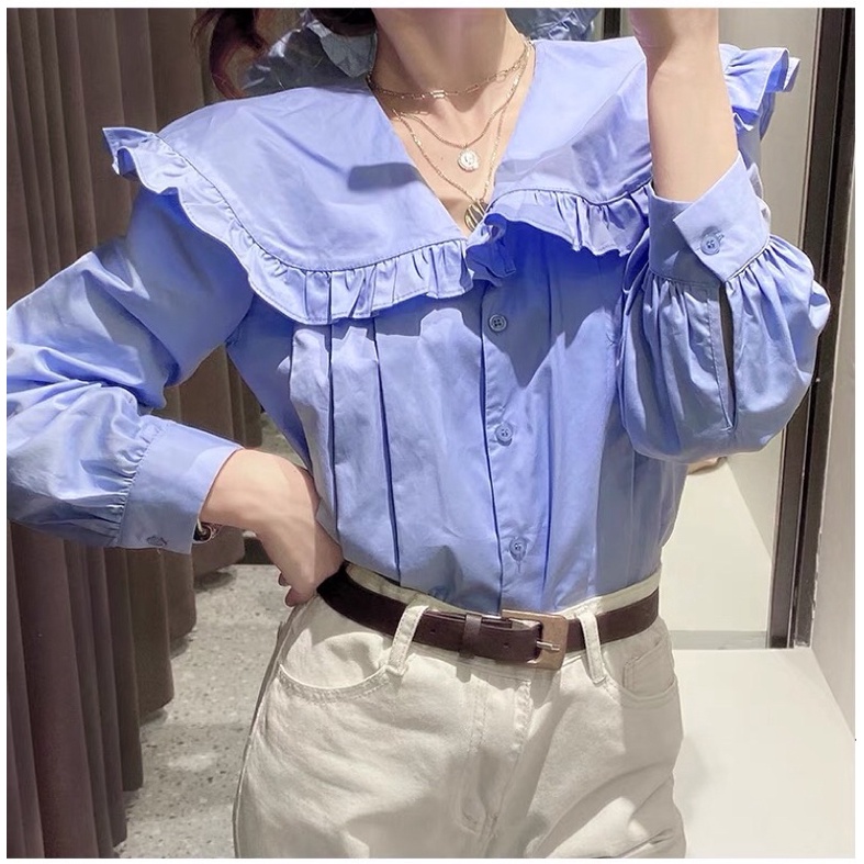 Áo sơ mi xanh cổ bèo