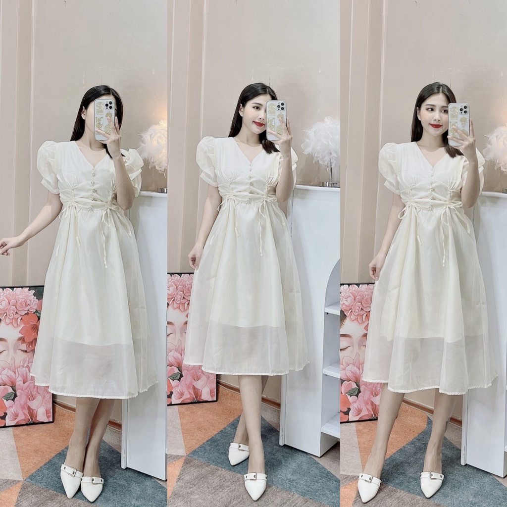Váy nữ cổ V chất tơ 2 lớp vintage tay bồng hoạ tiết trơn phong cách nữ tính bánh bèo thời trangI Trần Hân Shop 3007443