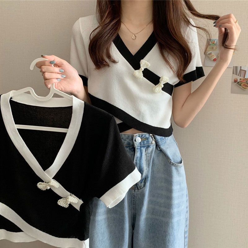 Áo Thun Dệt Kim Ngắn Tay Cổ Chữ V Màu Sắc Tương Phản Thời Trang Mùa Hè Hàn Quốc Cho Nữ