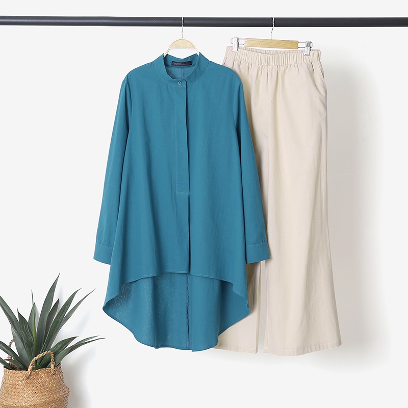 Set Áo ZANZEA dài tay màu trơn và Quần dài lưng thấp co giãn vintage cho nữ