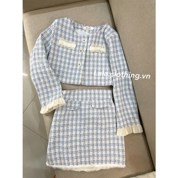 (SẴN) Set dạ xanh da trời kẻ tiểu thư