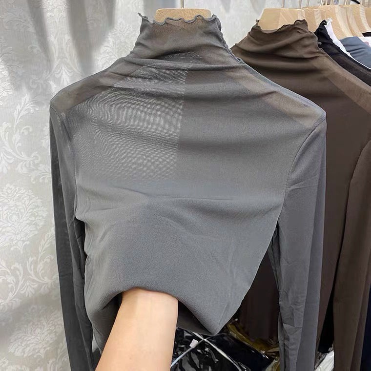 2023 new niche design sense of high neck inside the mesh top sunscreen foreign air age reduction lace undershirt women's T-shirt