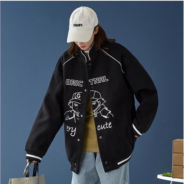Áo khoác bomber bóng chày nam nữ Very Cute Cheapy form rộng dáng suông bo gấu đen be cúc bấm nỉ dệt C514