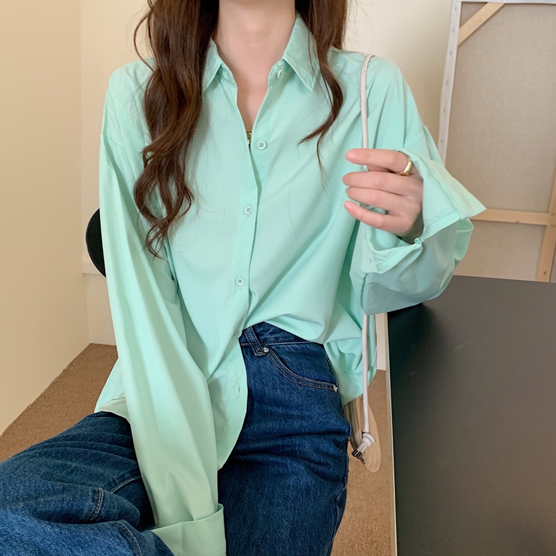 SUXI Áo sơ mi nữ tay dài cổ bẻ đơn giản phong cách Hàn Quốc