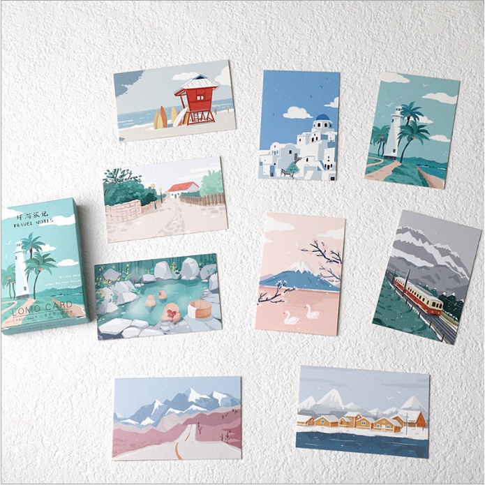 Set 28 tấm LOMO CARD nhật ký du lịch phong cảnh địa điểm nổi tiếng bưu thiếp nghệ thuật mini postcard