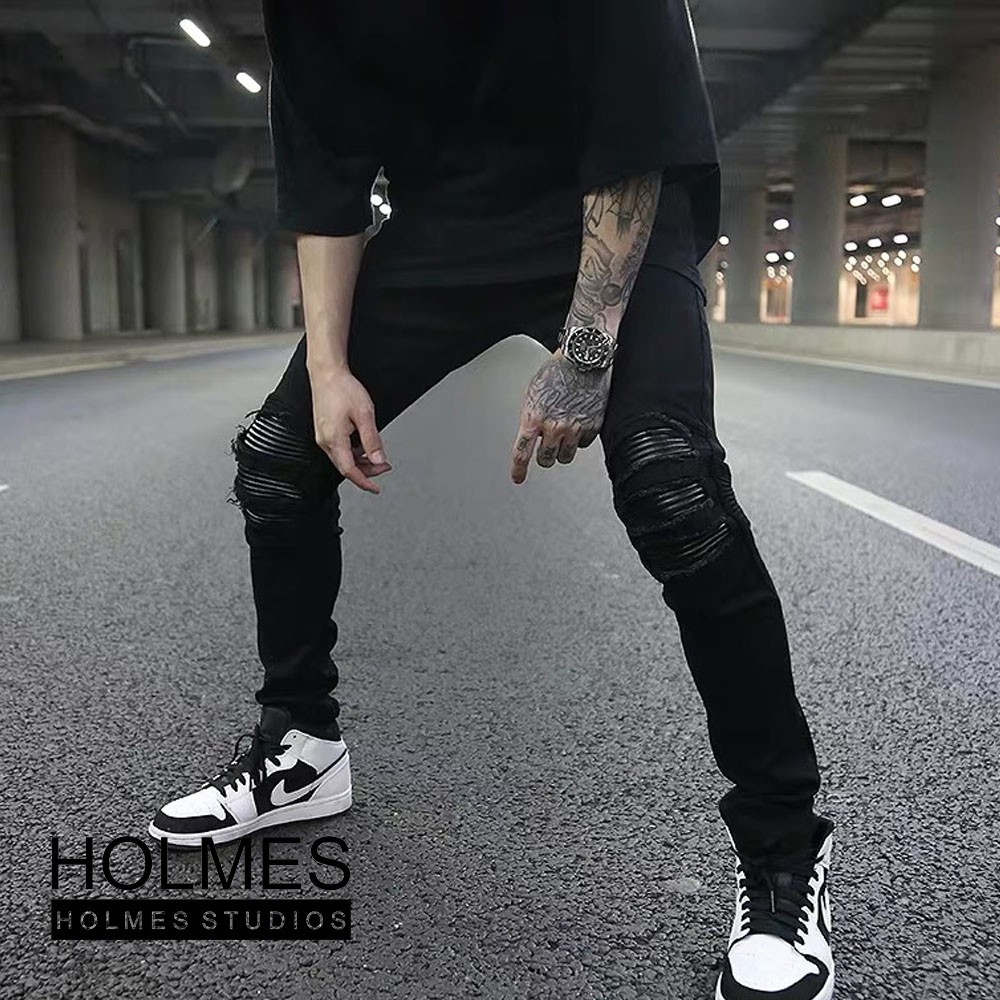 Quần Jean Biker Nam Đáp Da Đầu Gối Màu Đen Cá Tính, Phong Cách Trẻ Trung - Holmes