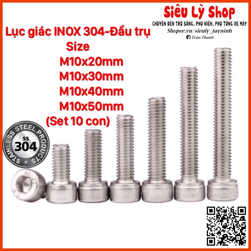 Set 10 con Bulong Lục giác INOX 304 - Size M10 Đầu trụ