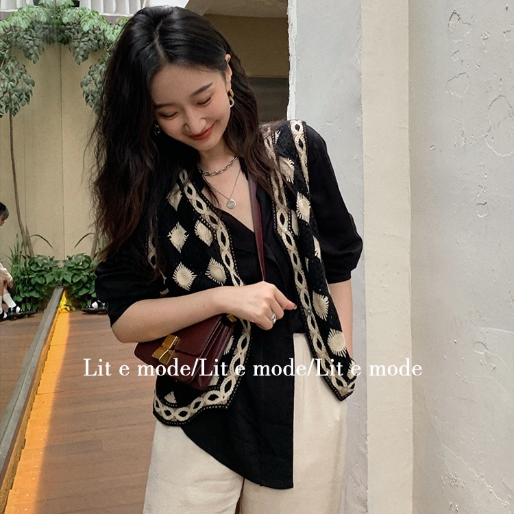 SUXI Áo dệt kim không tay màu đen thời trang mùa thu xinh xắn cho nữ