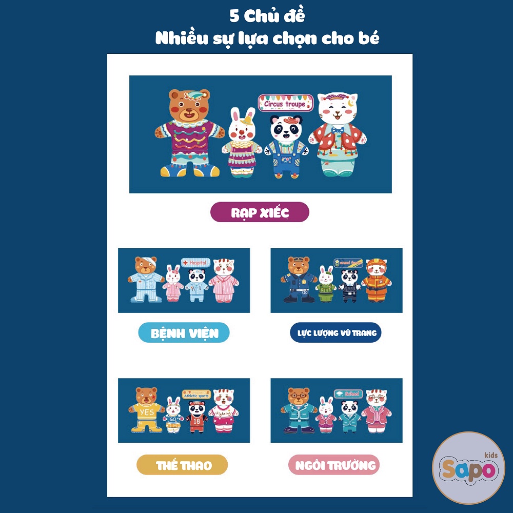 Đồ chơi cho bé,bộ xếp hình gỗ thay quần áo cho gia đình thỏ gấu sapo kids