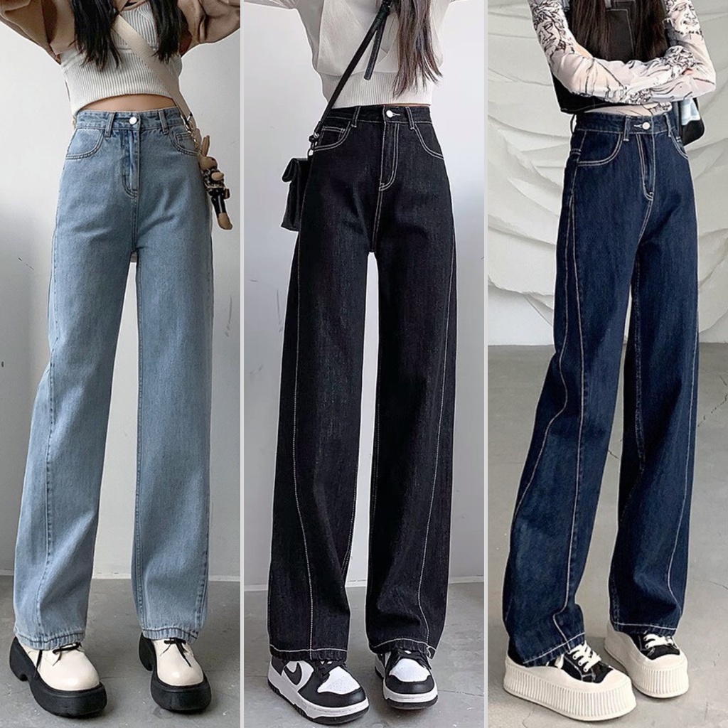 Quần Jeans Bò Nữ Ống Xuông Thiết Kế Đường Chỉ Nổi Cá Tính TDSHOP, Quần Bò Lưng Cao Dáng Suông Ulzzang Cao Cấp
