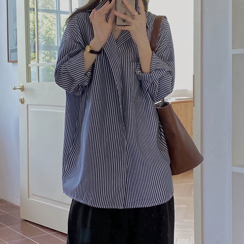 SUXI Áo Sơ Mi Nữ Tay Dài Dáng Rộng Kẻ Sọc Phong Cách Hàn Quốc