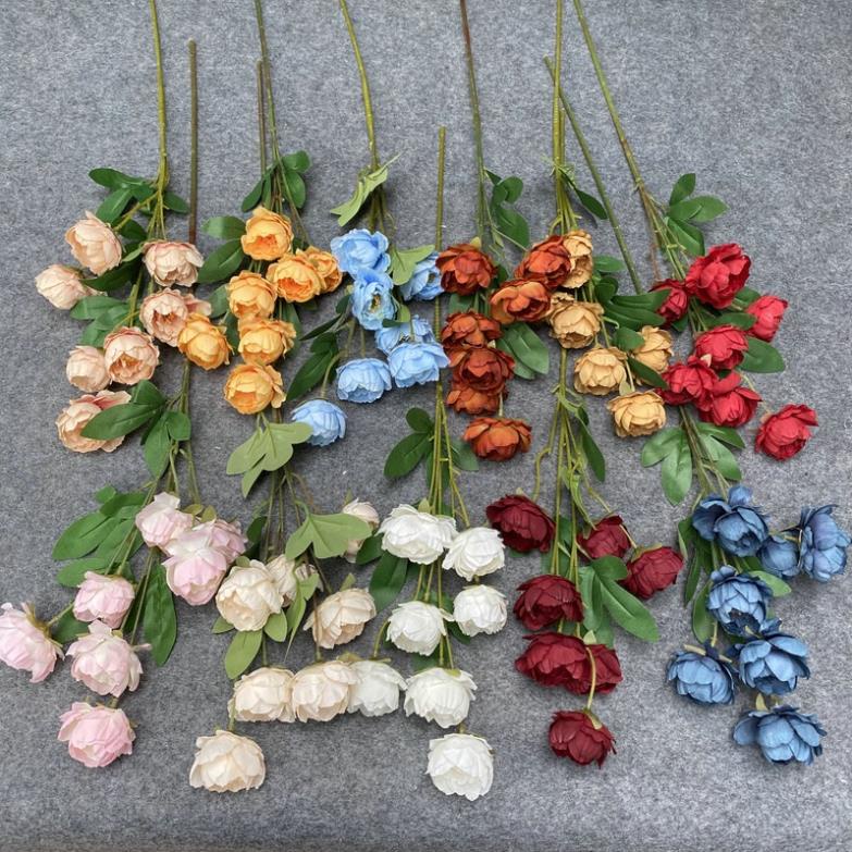 Hoa giả /Hoa lụa - Cành hoa hồng mẫu đơn 6 bông dài 80cm - Hàng quảng châu