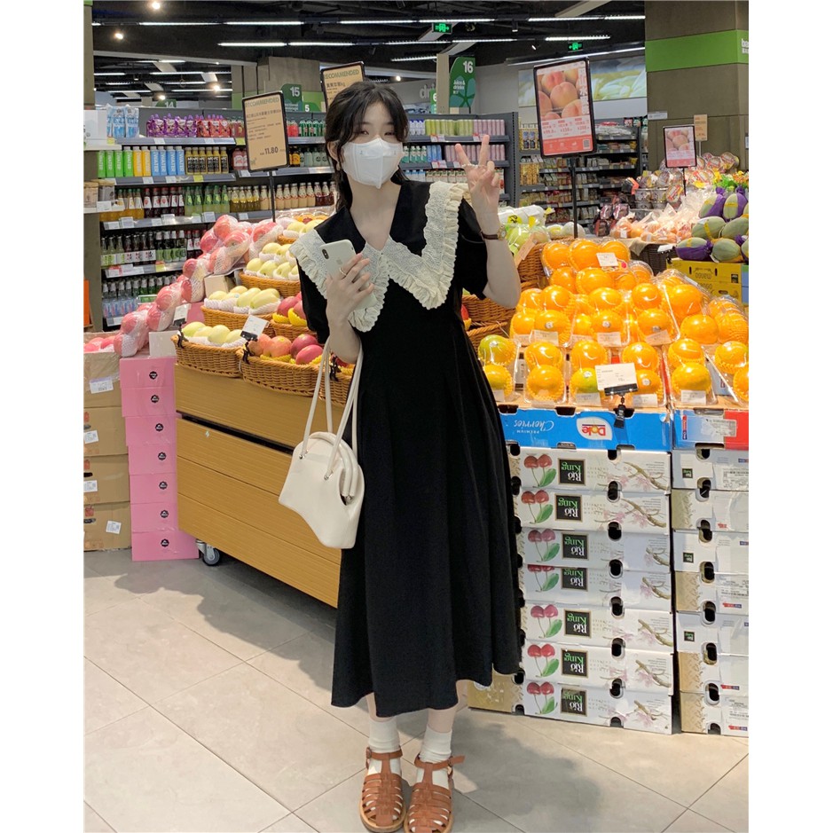 (Sẵn S) Váy Xoè Cổ Phối Ren Tay Ngắn Bồng Ulzzang