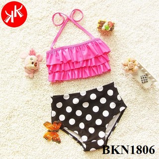 Freeship 99k toàn quốc_,Bikini bé gái 2 mảnh màu hồng buộc dây cổ quần cạp cao