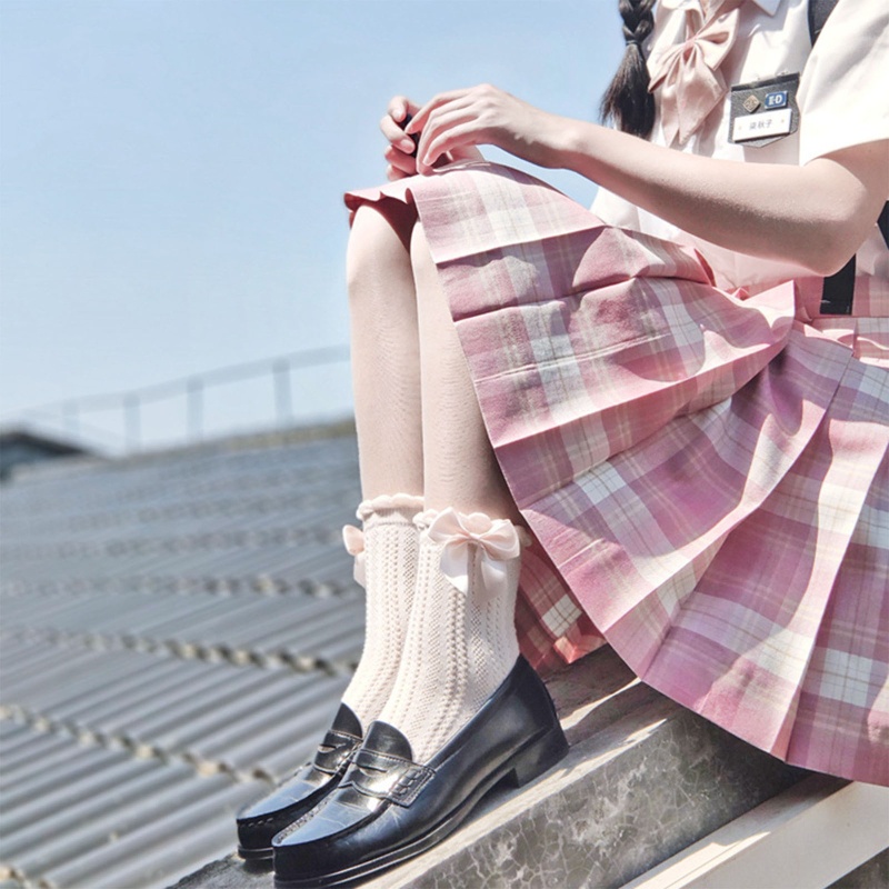 Xiangbao Vớ Cotton Dệt Kim Cổ Cao Vừa Kẻ Sọc Phối Nơ Phong Cách Lolita Nhật Bản Ngọt Ngào Cho Nữ