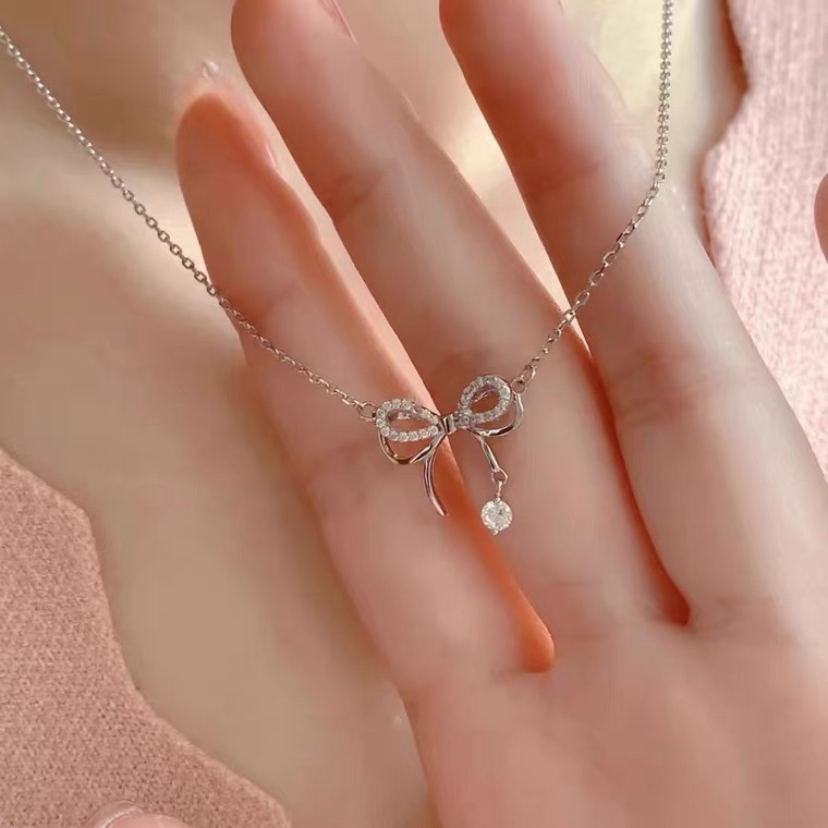 Vòng cổ Bạc Mặt Nơ Pha Lê Thời Trang Phong Cách Hàn Quốc Cho Nữ