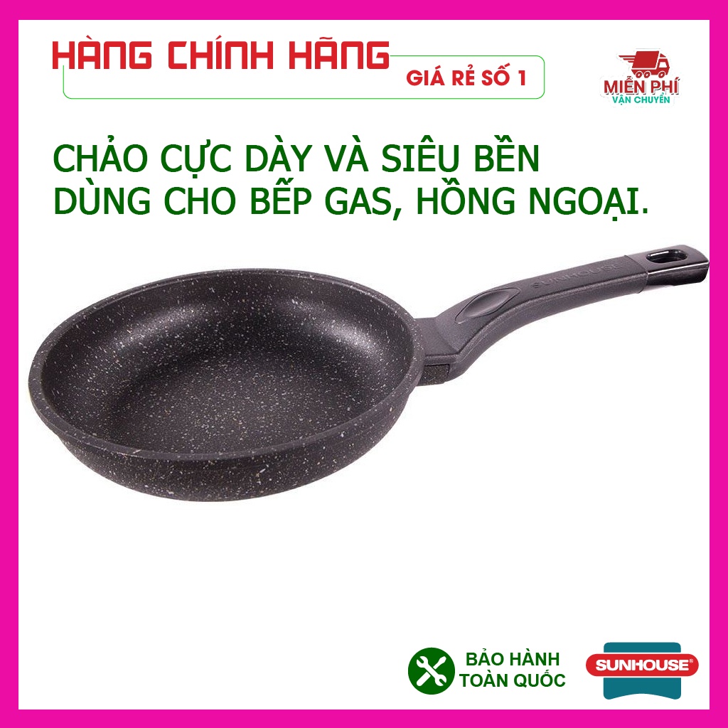 Chảo chống dính siêu bền đá Sunhouse, chảo đá Sunhouse SBD24,26,28,30cm, đáy dày dặn, phù hợp bếp gas, bếp hồng ngoại