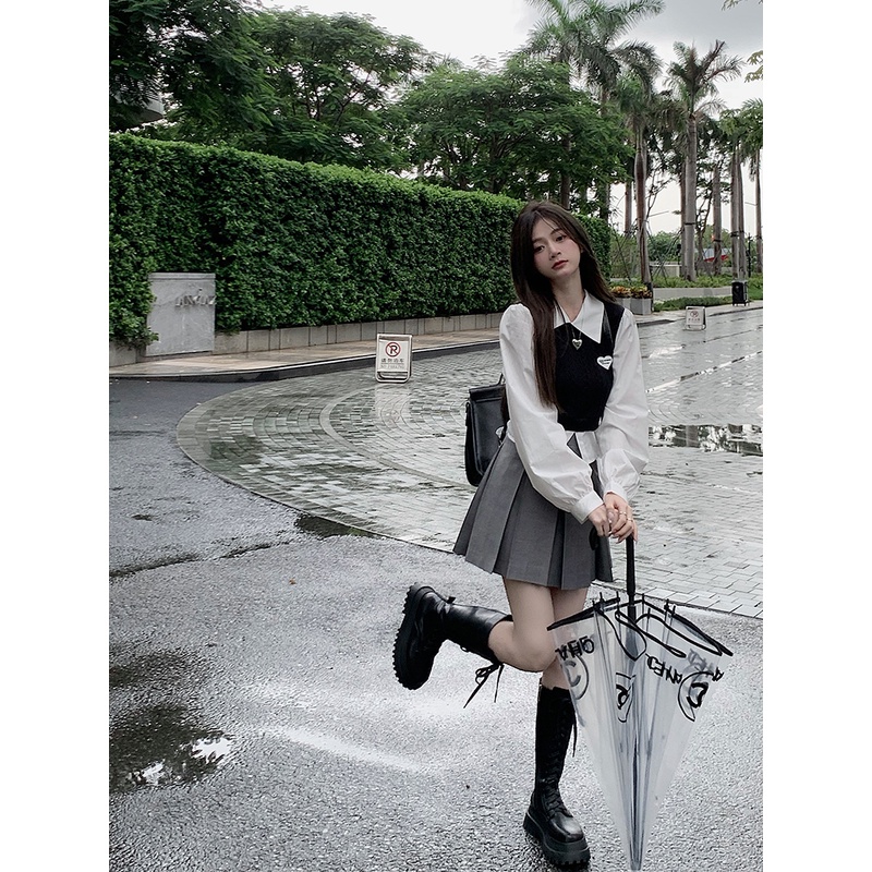 Set Ulzzang Áo Sơ Mi Giả 2 Mảnh + Chân Váy Xếp Ly Lưng Cao Mẫu Mới Nhất Cho Nữ