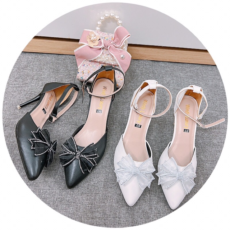 Giày cao gót nữ mũi nhọn da lì nơ viền đá khoét eo gọt nhọn 8cm sang chảnh