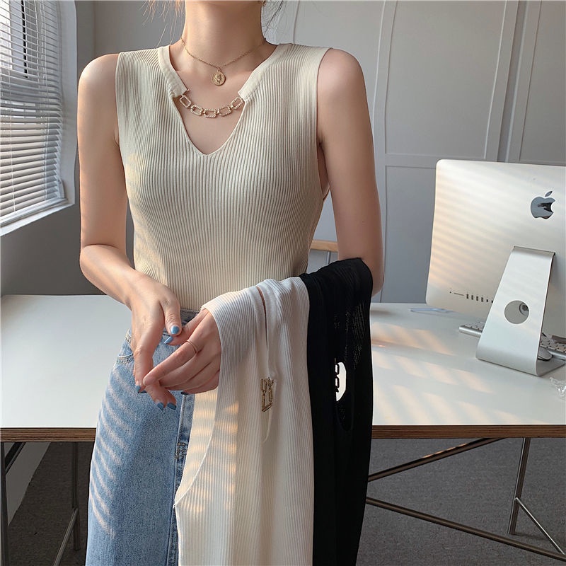 Áo Dệt Kim Không Tay Cổ Chữ V Form Ôm Thời Trang Mùa Hè