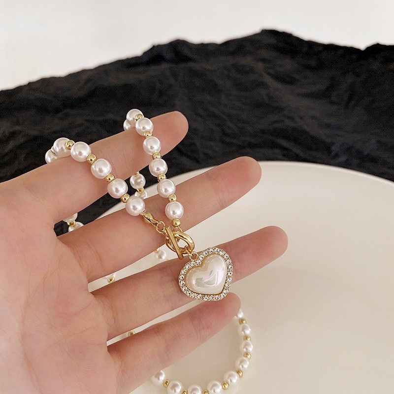 Ot Vòng cổ Hình Trái Tim Đính Ngọc Trai Và Kim Cương Thời Trang Hàn Quốc