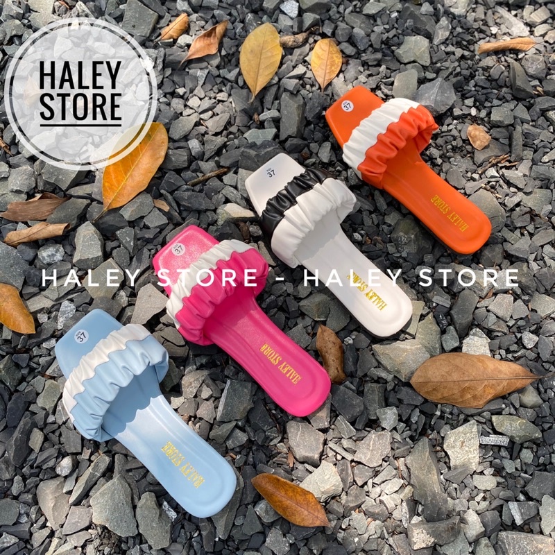 Dép nữ HALEY STORE mũi vuông đế bệt quai ngang nhún nhúm nhung bèo phối nhiều màu hot bò sữa hồng hottrend