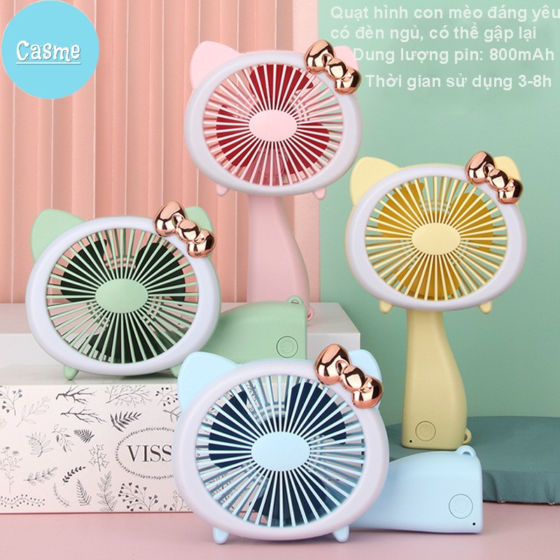 Quạt mini cầm tay Casme, có đèn LED, cổng sạc USB, hình con mèo dễ thương - Q003