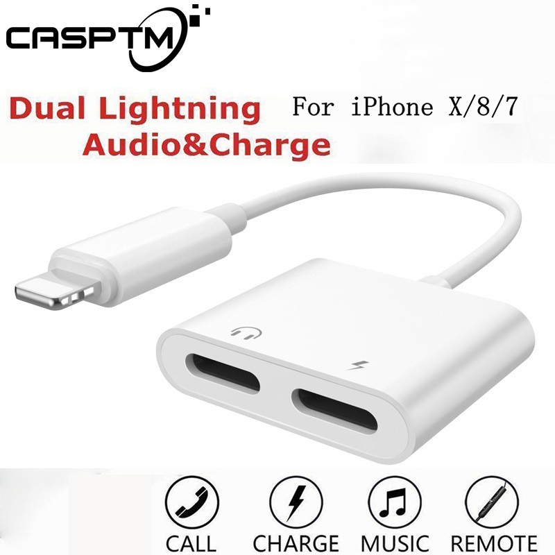 2 in 1 Adapter For iphone 7 8 plus X Lightning Double Splitter Jacks Audio Charging Adapter