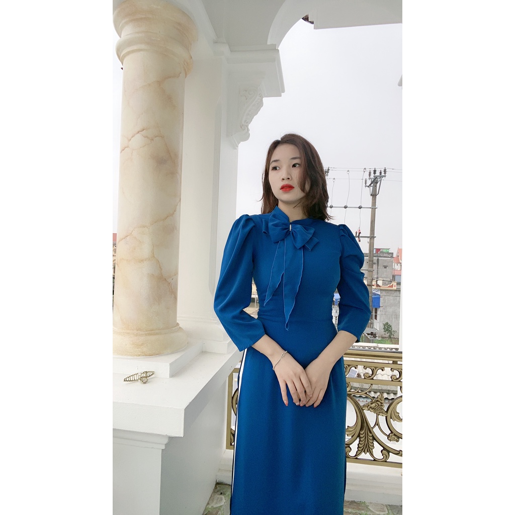 Áo Dài Lụa 2 Tà  Thiết Kết May Sẵn Nơ Cổ, Áo Dài Truyền Thống May Sẵn