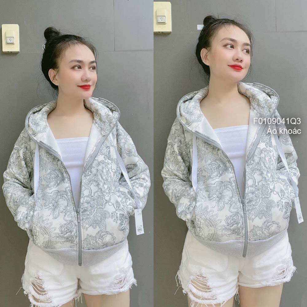 Áo khoác nỉ họa tiết có nón kéo khóa đắp túi trước tay dài hàng đẹp!