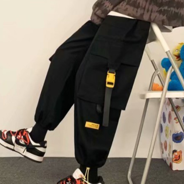 【S-5XL】Men Casual Cargo Pants Solid Pockets Ankle-length Elastic Waist Fashion Streetwear All-match Korean Style Simple Chic Ins Loose Harajuku Hong Kong Style Men Clothes Hipster High Waist Trousers Big Pocket Straight Wide Leg Capris