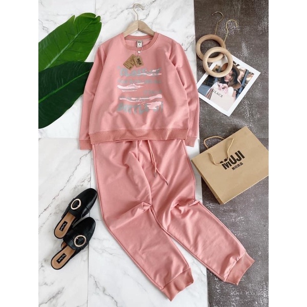 SN835 BỘ NỈ NỮ ÁO DÀI TAY IN CHỮ GẠCH CLOSE