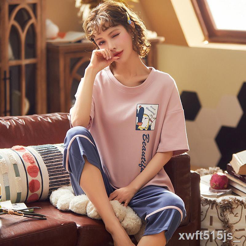 Pyjamas nữ quần dài cắt ngắn bằng cotton rộng rãi size Bà bầu Hàn Quốc có thể mặc đồ ở nhà bên ngoàiI