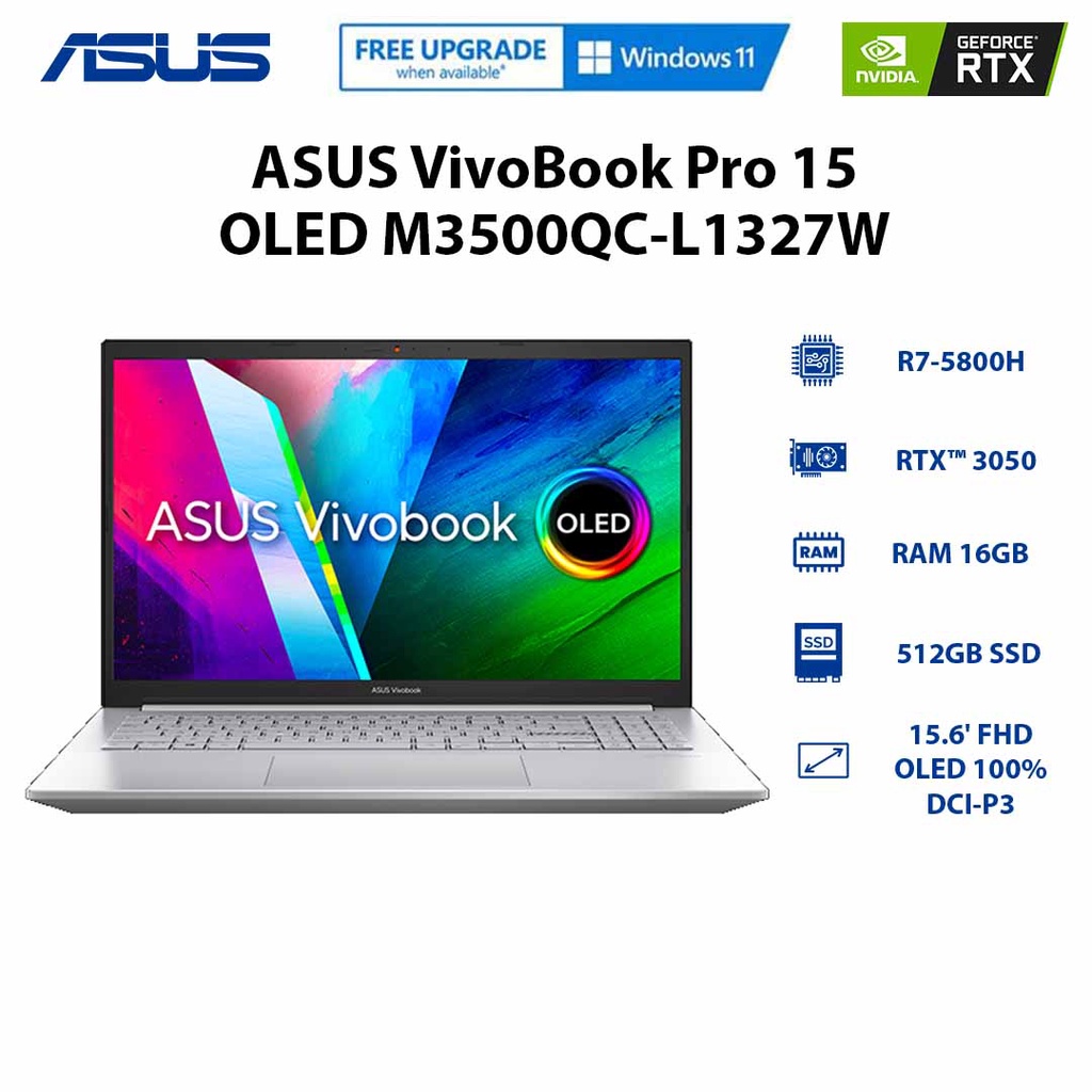 Laptop ASUS VivoBook Pro 15 OLED M3500QC-L1327W (R7-5800H | 16GB | 512GB |RTX™ 3050 4GB | 156' FHD)