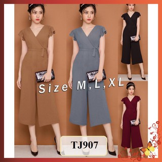 Jum Lửng [FREESHIP] Jumpsuit cổ tim thắt nơ eo quần lửng ống rộng TJ907