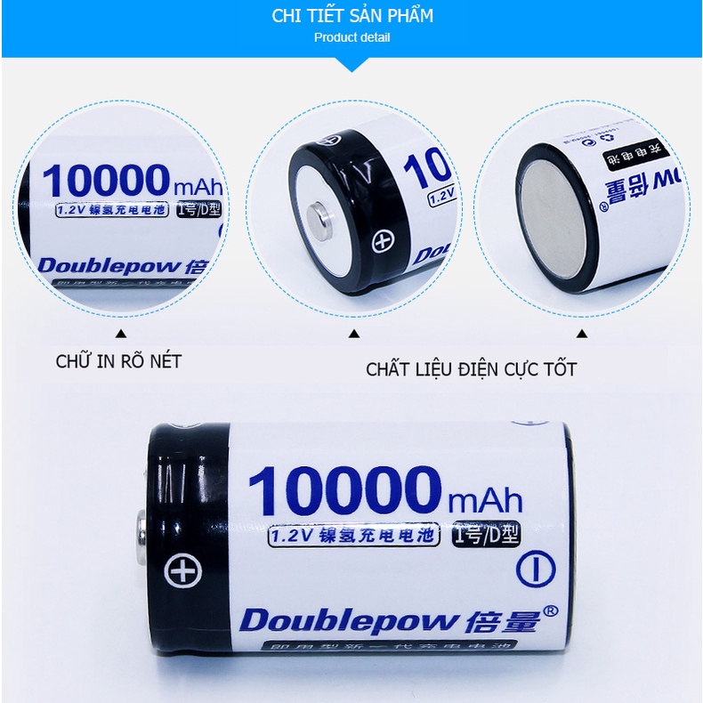 Pin sạc lại cỡ đại Size D (số 1) 10.000mAh Doublepow chuyên dùng cho bình nước nóng, bếp gas...