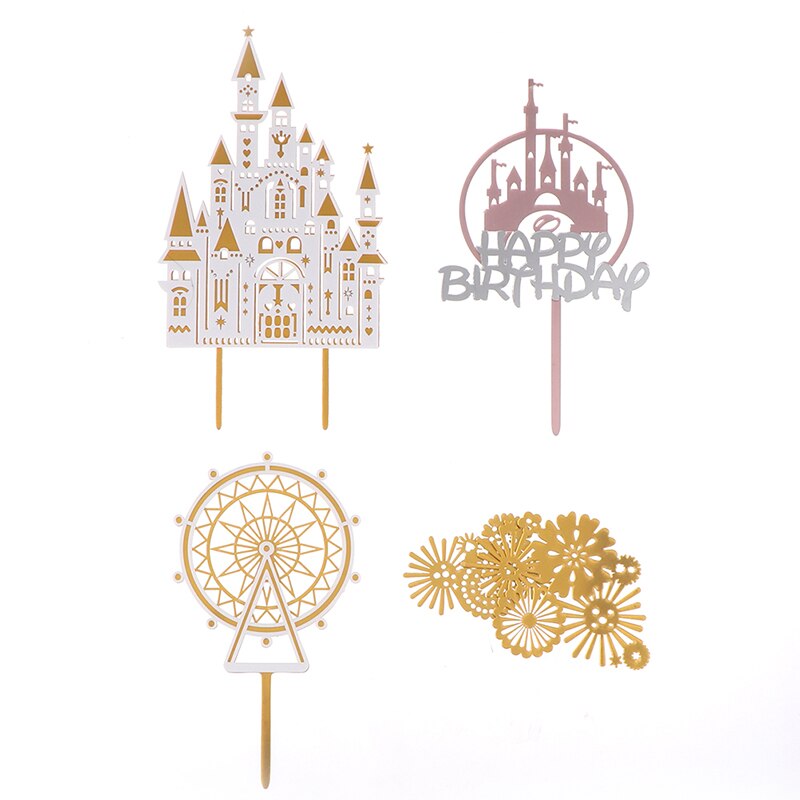 Que Cắm Trang Trí Bánh Kem Hình Lâu Đài &amp; Pháo Hoa Bằng Acrylic