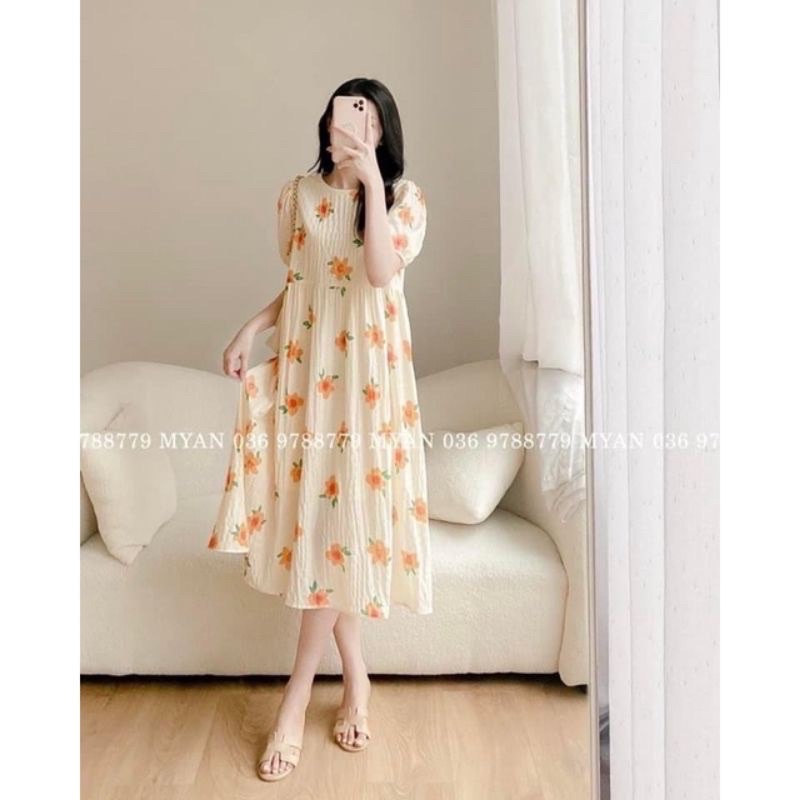 Váy bầu thiết kế babydoll tay bồng hoa cam xinh xắn trẻ trung V68