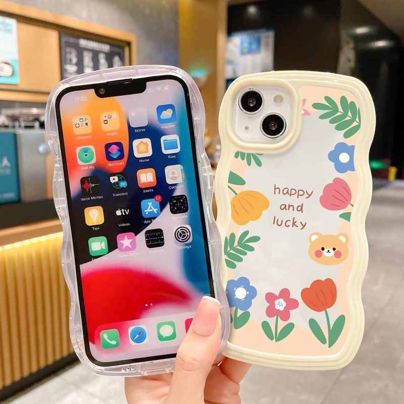 Suntaiho Ốp lưng iphone Ốp điện thoại mềm trong suốt viền gợn sóng in hoa lá thích hợp cho iPhone 11 13 12 Pro PM X XS Max XR 7 8 plus