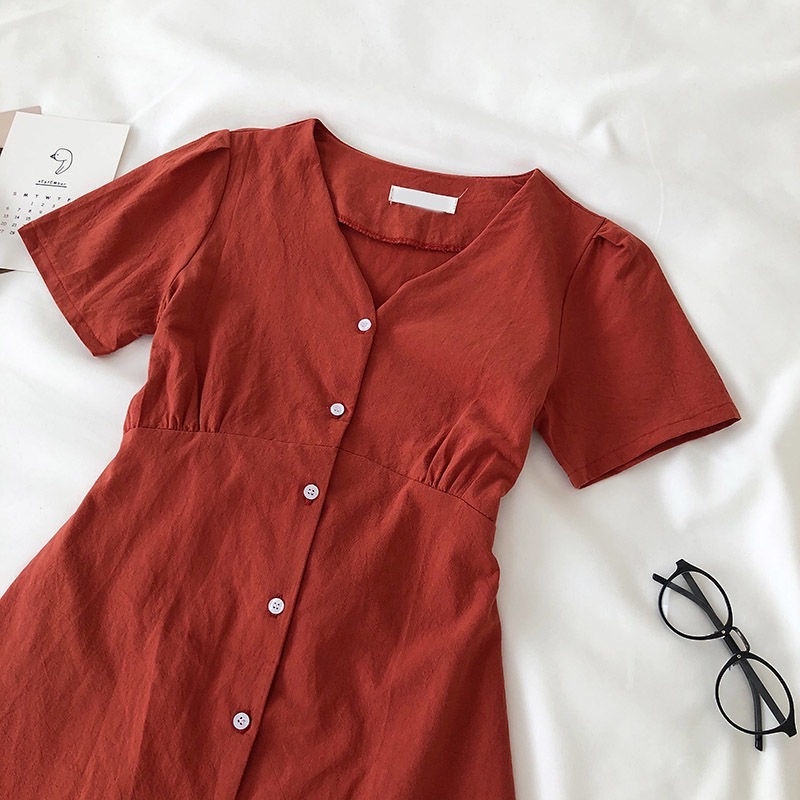 Đầm Tay Ngắn Cổ Chữ V Phong Cách Retro Hong Kong Thời Trang Mùa Hè Cho Nữ