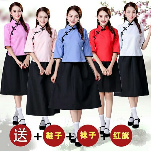 [Tặng kèm giầy+vớ - Có sẵn váy trung hồng đậm size M] Đồng phục học sinh dân quốc Trung Quốc giá rẻ .