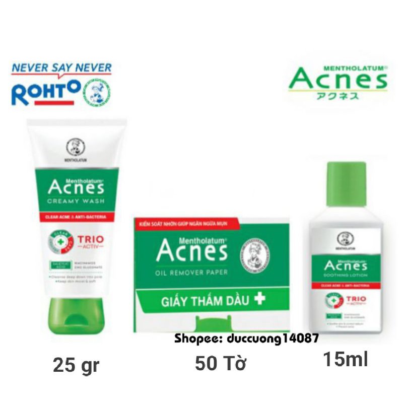 Bộ Acnes tri mụn gồm 3 sản phẩm : sữa rửa mặt Acnes tri mụn + giấy thấm dầu Acnes + dung dịch acnes dịu da kháng khuẩn